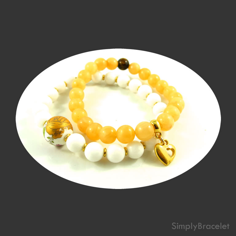 Simply Twin Wealth Yellow Jade, white stone bracelets - 7.5 inch