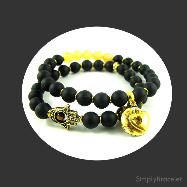 Simply Twin Wealth Black Jasper,Yellow Jade bracelets - 7.5 inch