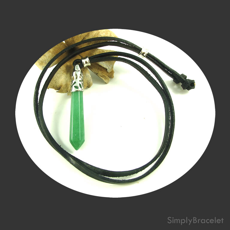 Leather cord, black,28 inch, Green Aventurine pendant necklace.